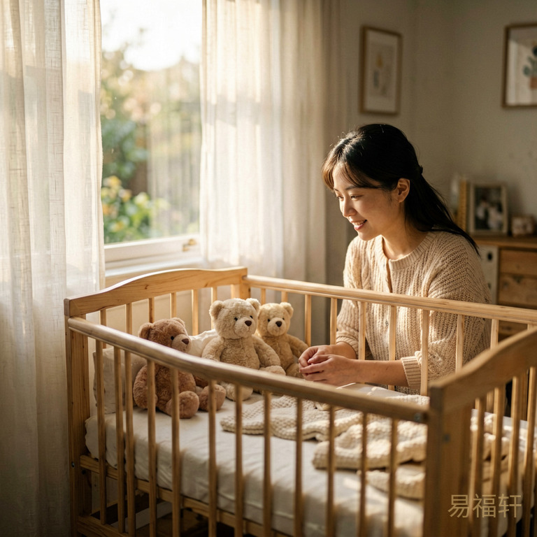 清晨阳光透过窗帘洒进婴儿房,小床上放着柔软的毛绒玩具,温馨宁静