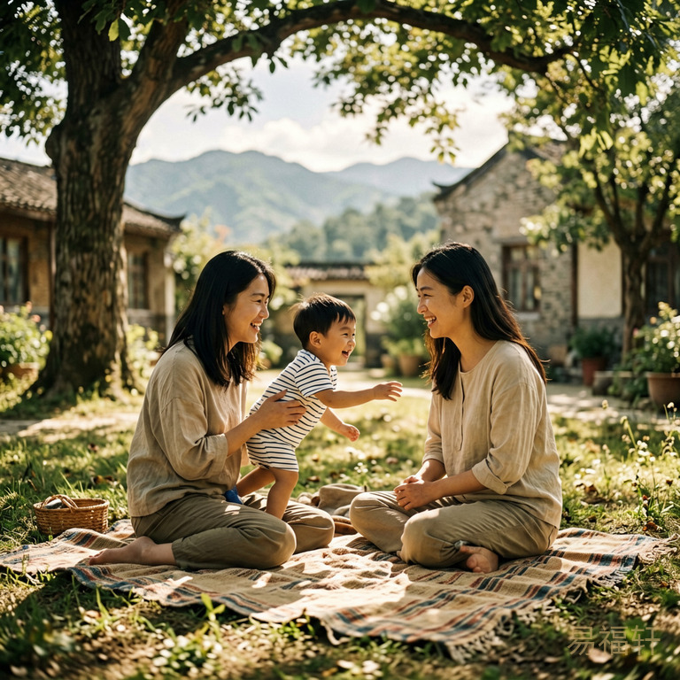 夏日午后,一家人坐在树荫下的野餐垫上,阳光斑驳,孩子咯咯笑着爬向妈妈