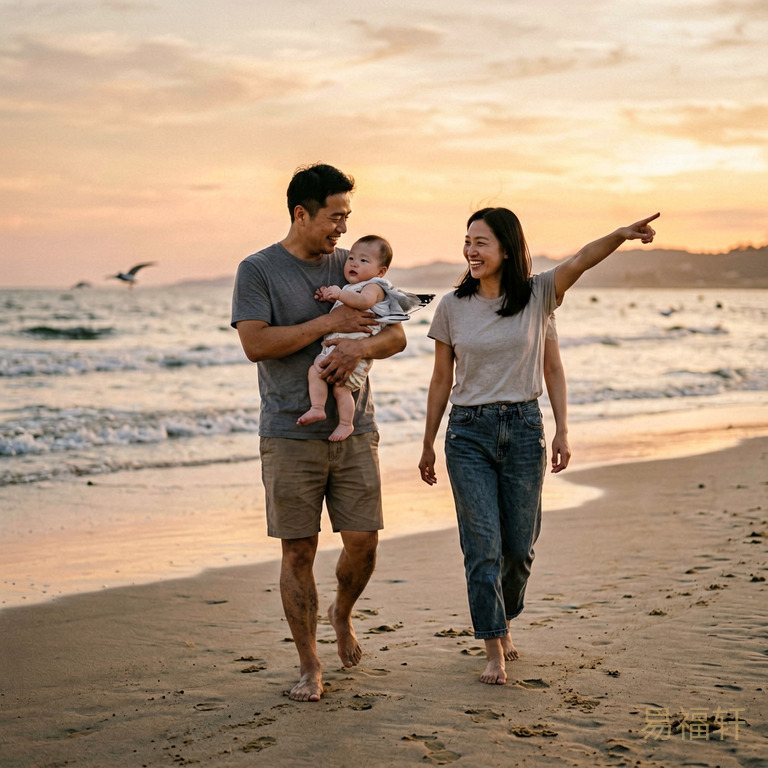 夕阳下的海边,一家人光着脚踩在沙滩上散步,婴儿被爸爸抱在怀里,妈妈在旁边笑着指远处的海鸥