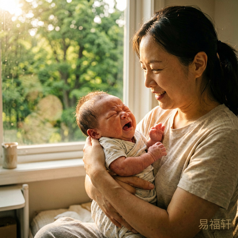 清晨阳光透过产房窗户照在新生男婴脸上,护士抱着啼哭的宝宝,窗外有绿色大树生机盎然,暖色调温馨画面