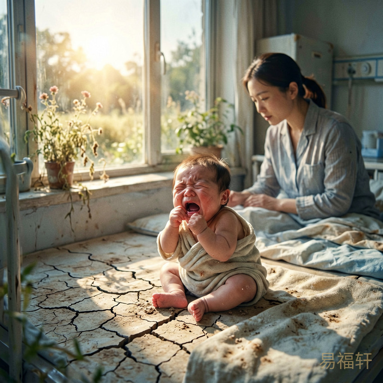 午后炎热的产房里女婴独自啼哭,窗外骄阳似火晒蔫了花草,地上有裂缝干涸的土地,冷色调略带忧郁的画面