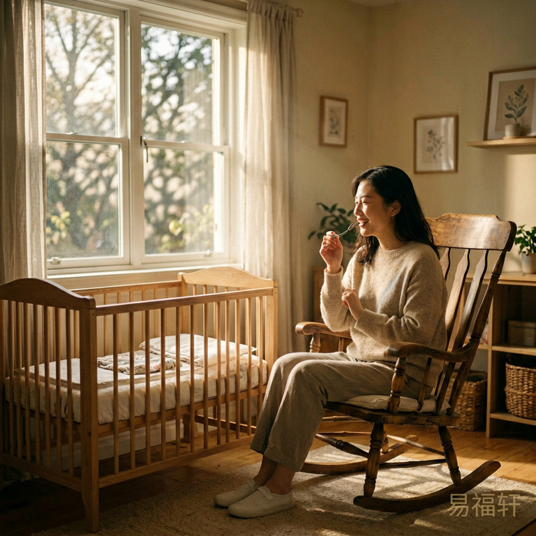 清晨阳光透过窗户洒在一张婴儿床旁边,妈妈坐在摇椅上轻轻哼着儿歌,房间色调温暖柔和,窗外有树影摇曳
