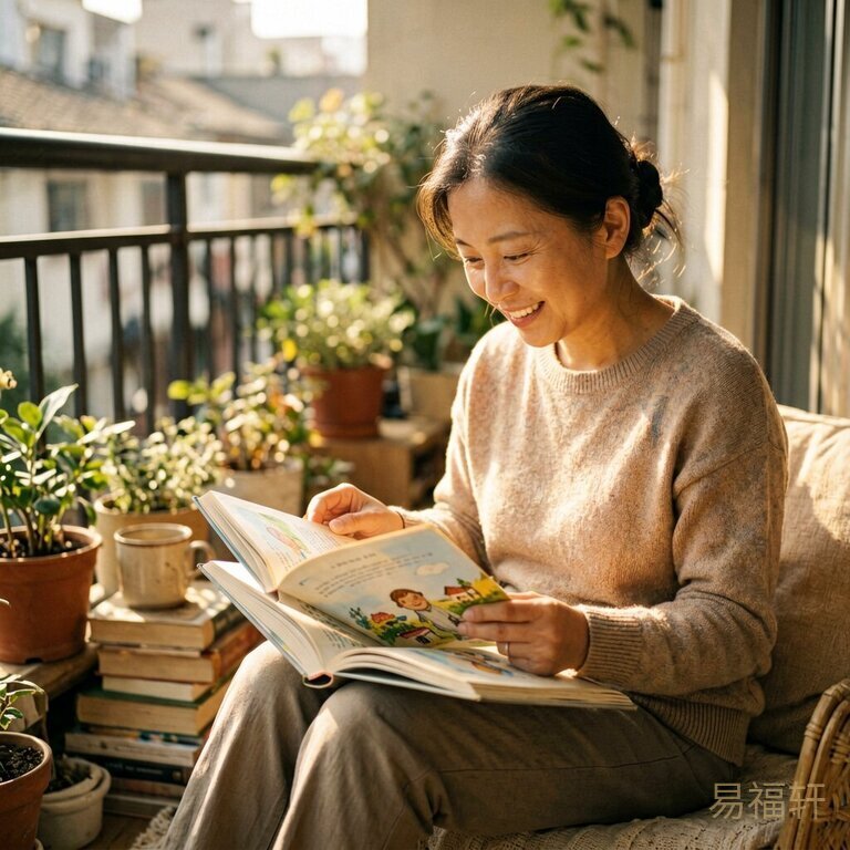 妈妈阳台读绘本，阳光温暖洒在书页上