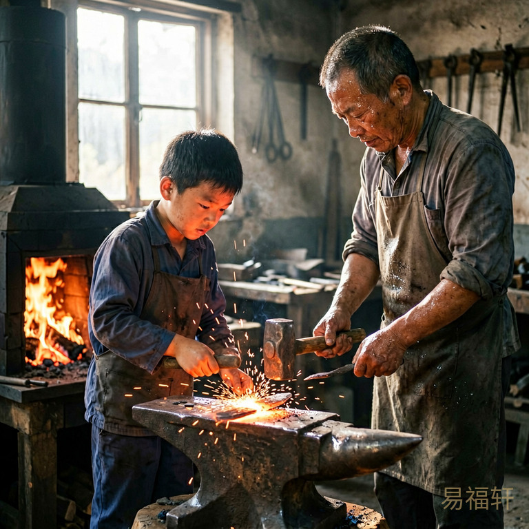 正午阳光透过铁匠铺的窗户照进来,炉火正旺映红了男孩的脸,铁砧上火花四溅,师傅握着铁锤教少年打铁,汗水在光里闪光