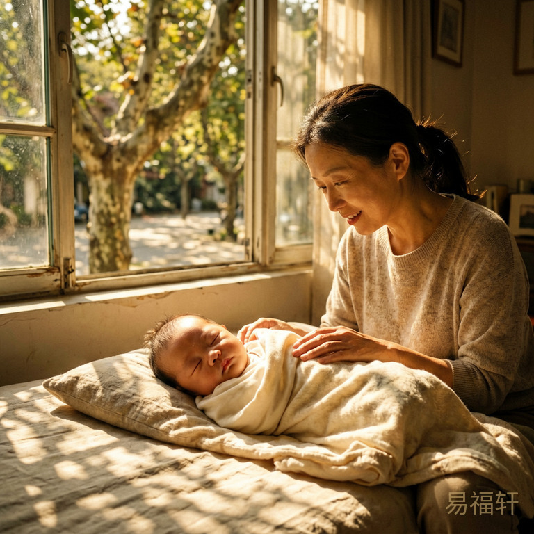 一个新生男婴在下午金色阳光中安睡,窗外的梧桐树投下斑驳光影,母亲温柔地看着他,整个房间笼罩在暖色调的平静氛围中