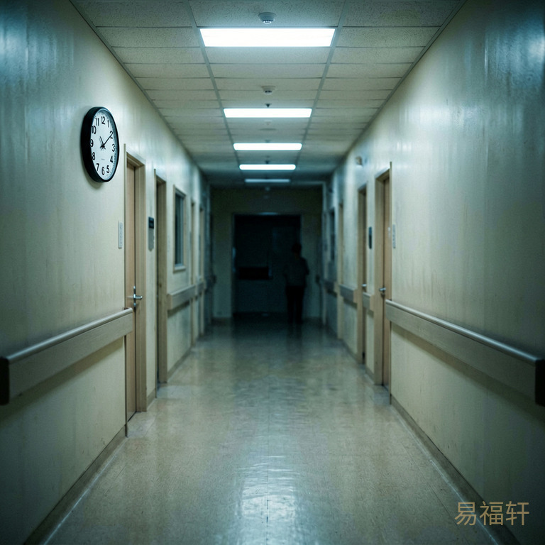 凌晨时分一个空荡荡的产房走廊,冷白色的日光灯投下刺眼光线,墙壁上挂钟指向三点,走廊尽头只有一片黑暗和寂静