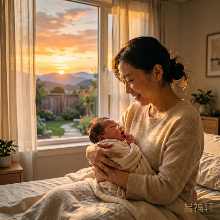 清晨阳光透过窗帘洒进产房,一位新生儿在母亲怀中安静地吸吮,窗外的天空泛着橙金色的朝霞,整个房间笼罩在温暖而充满希望的晨光中