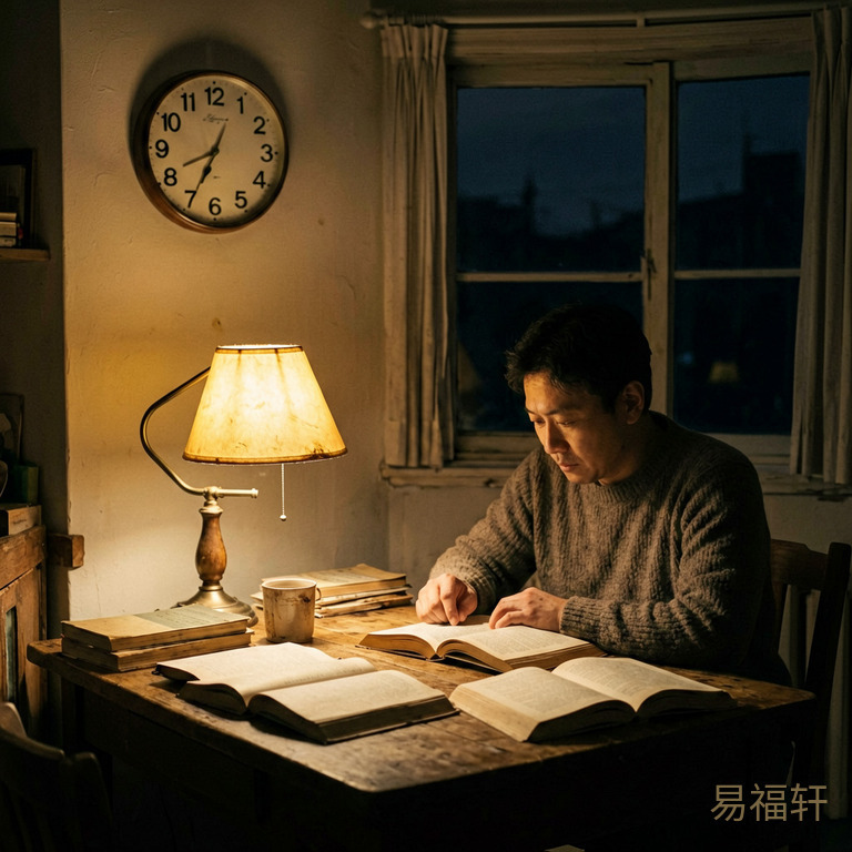 夜晚时分一间光线昏暗的房间,墙上的时钟指向七点,窗外天色已全黑,一盏老旧台灯投下昏黄光晕,桌面上散落着几本翻开的书籍,气氛压抑而沉闷