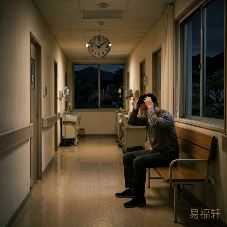 深夜医院的产房走廊灯光昏暗,一个男人独自坐在长椅上双手抱头,走廊尽头的时钟指向凌晨两点,窗外一片漆黑