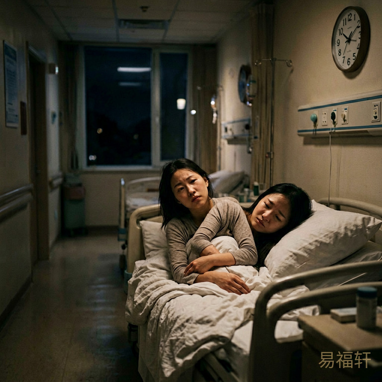 凌晨的产房走廊里灯光昏暗,一个年轻母亲神情疲惫地靠在病床上,窗外的天空还是一片漆黑,钟表指向凌晨三点