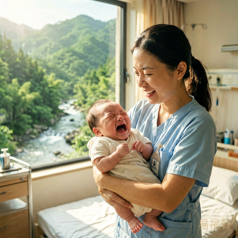 清晨的阳光洒进一间明亮的产房,护士抱着刚出生的男婴,婴儿握着小拳头张着小嘴大哭,窗外是郁郁葱葱的青山,山间有溪水潺潺流过