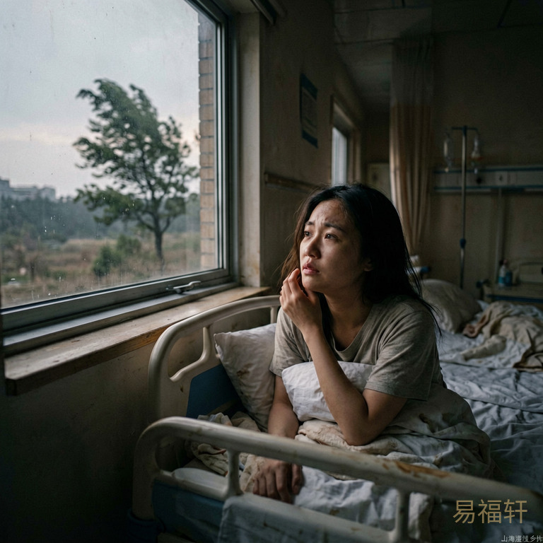 黎明前的产房走廊光线昏暗,一位年轻母亲靠在床头,眼神疲惫地望着窗外灰蒙蒙的天,窗外远处有一棵树被风吹得摇摇欲坠