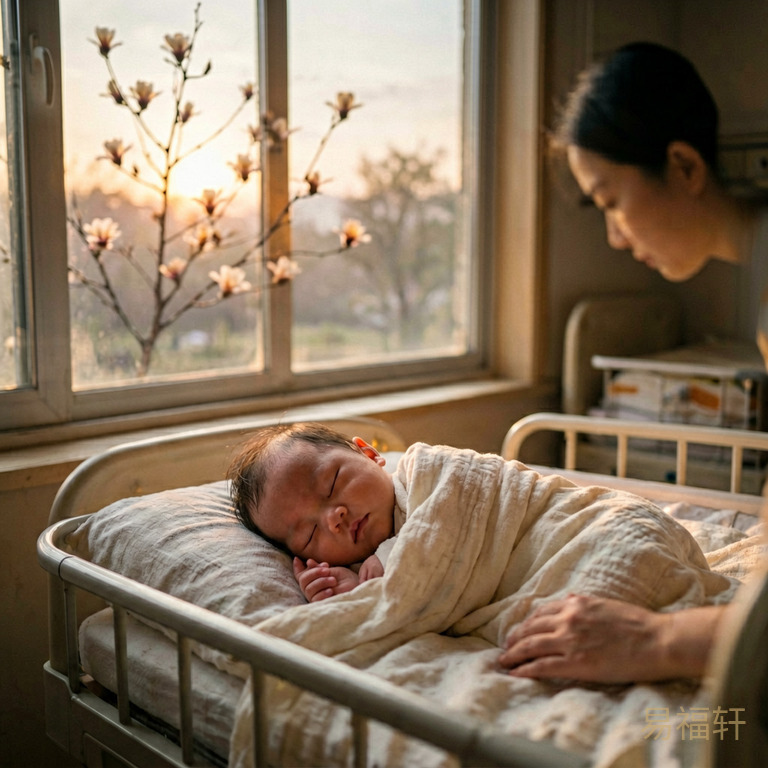 清晨微光中,一个女婴安静地睡着,窗外东方渐亮,木棉花树在晨风中轻轻摇曳,虎年的晨曦温柔地照进产房