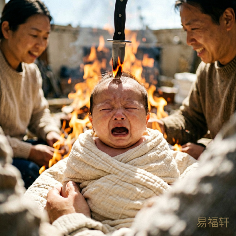 一个婴儿在正午烈日下啼哭,周围火光炽烈,一把悬在头顶的刀映着火色,阴影笼罩着襁褓