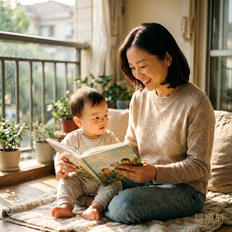 妈妈在阳台给小宝宝读绘本，阳光暖暖地照着