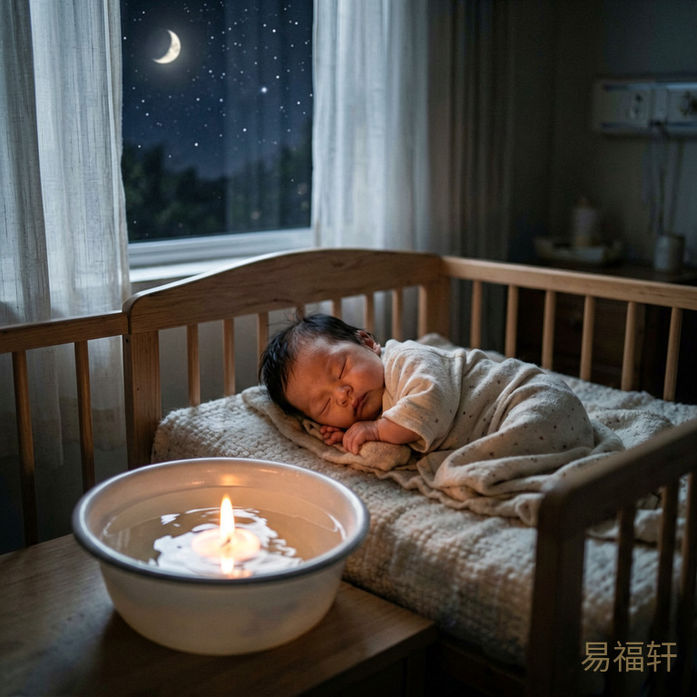 深夜的产房里，窗外星光点点，一个女婴安静地睡着，月光透过窗帘洒在婴儿床边的水盆上，水面倒映着柔和的火光