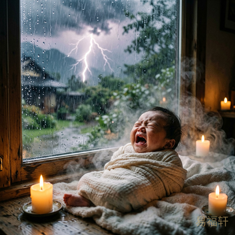 清晨大雨中，一个婴儿在襁褓中啼哭，窗外电闪雷鸣，雨水漫过窗沿，屋内水汽弥漫，烛火在风雨中摇曳将灭