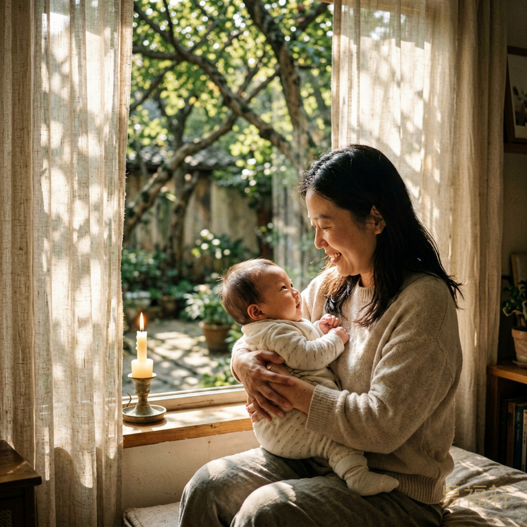 上午阳光透过窗帘照进房间,一个男婴被妈妈抱在怀里,窗外庭院中的树枝叶茂密投下斑驳树影,烛台上一支蜡烛安然燃烧
