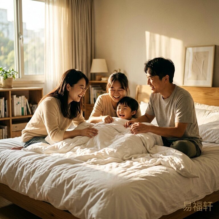 周末早晨阳光照进卧室,一家三口窝在被子里打滚嬉闹