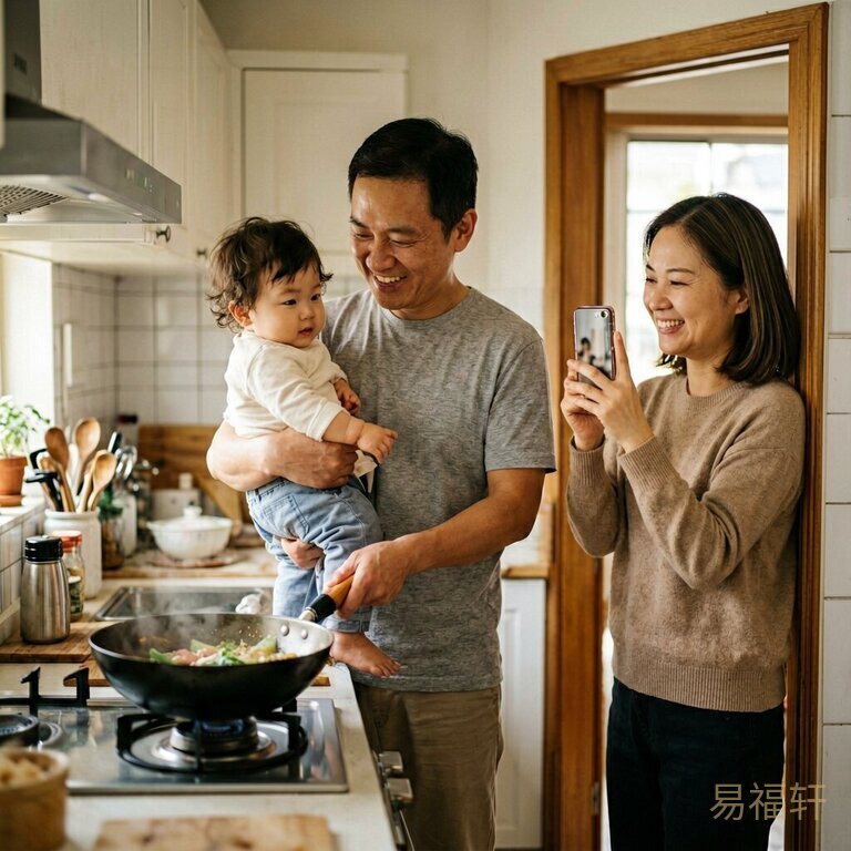 爸爸在厨房一手抱娃一手炒菜,妈妈靠在门框上笑着拍照