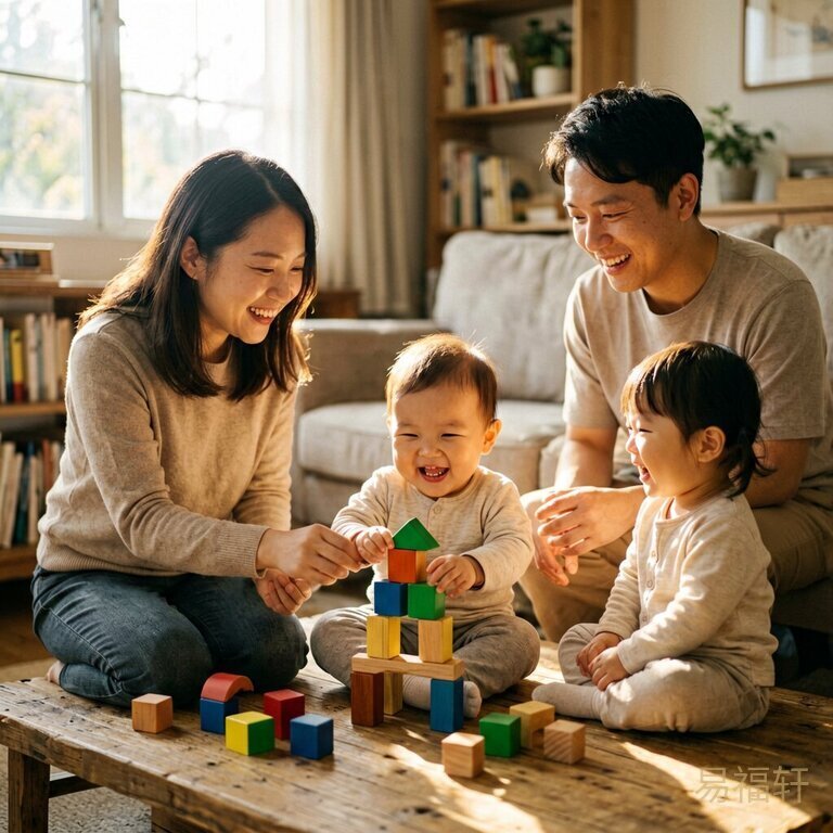一家三口在客厅玩积木,阳光从窗户洒进来,宝宝咯咯笑