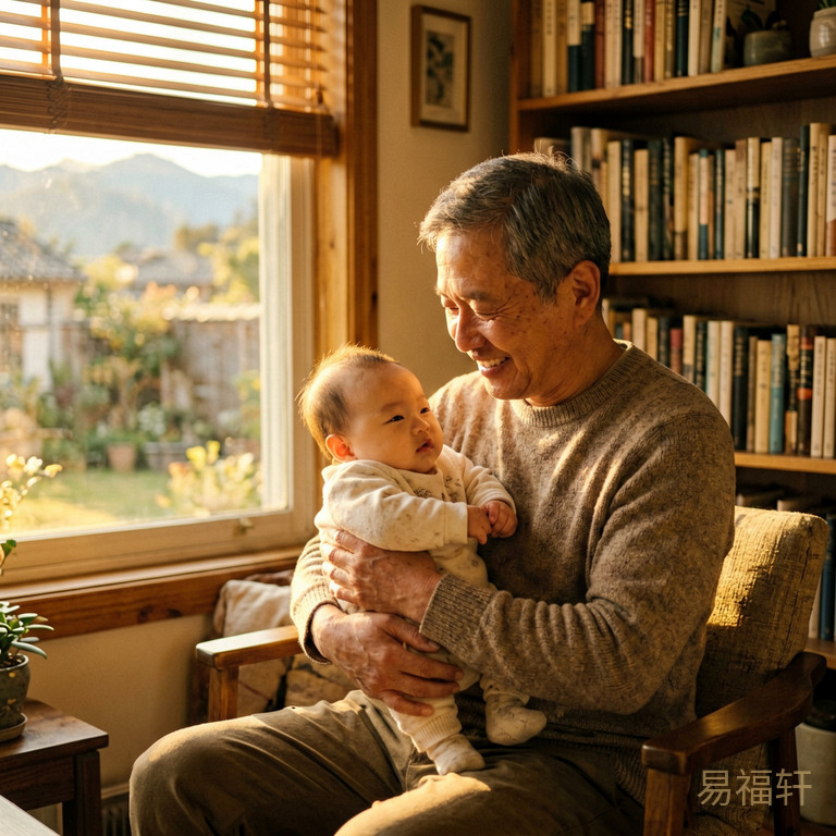 父亲抱着婴儿坐在书房里，窗外金色阳光透过百叶窗洒进来，书架上摆满了书，画面温暖而充满希望
