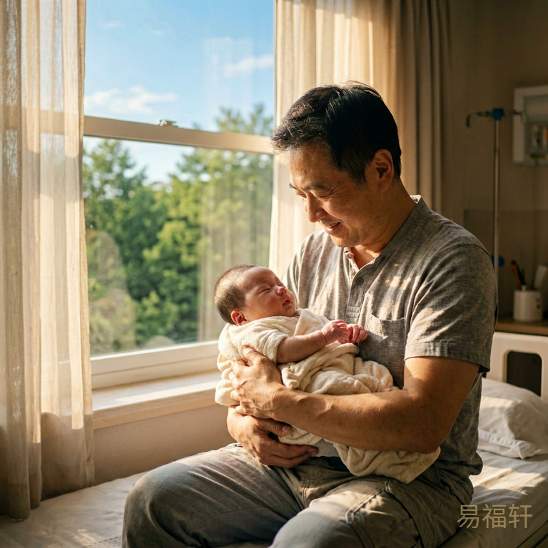 清晨阳光透过窗帘洒进产房，爸爸抱着刚出生的宝宝坐在窗边，窗外是蓝天和绿树