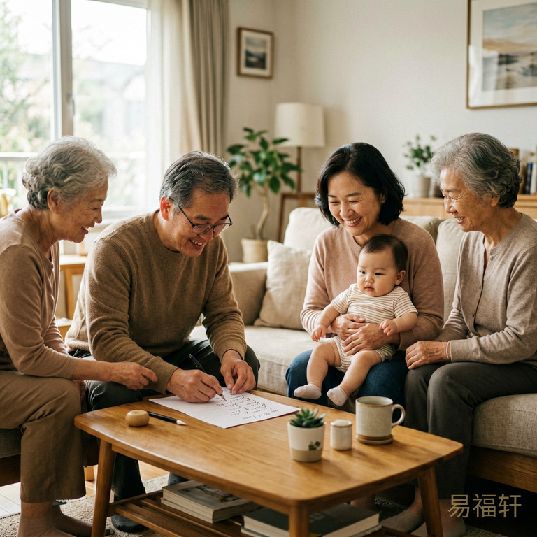 一家人围在客厅茶几旁，爸爸拿笔在纸上写宝宝的名字，妈妈抱着宝宝坐在沙发上笑，爷爷奶奶在一旁看着