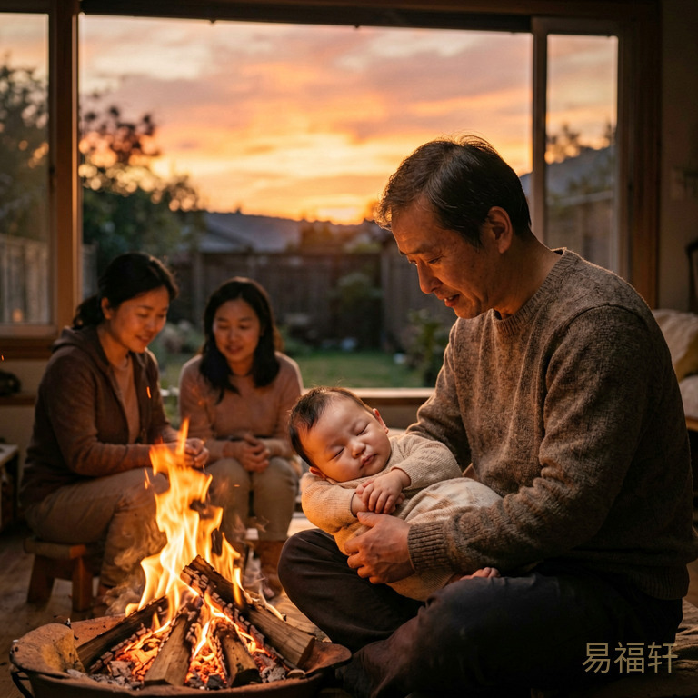 黄昏时分，夕阳余晖中一个男婴在父亲怀里安睡，窗外晚霞如火，院子里篝火温暖地燃烧着，一家人围坐在一起