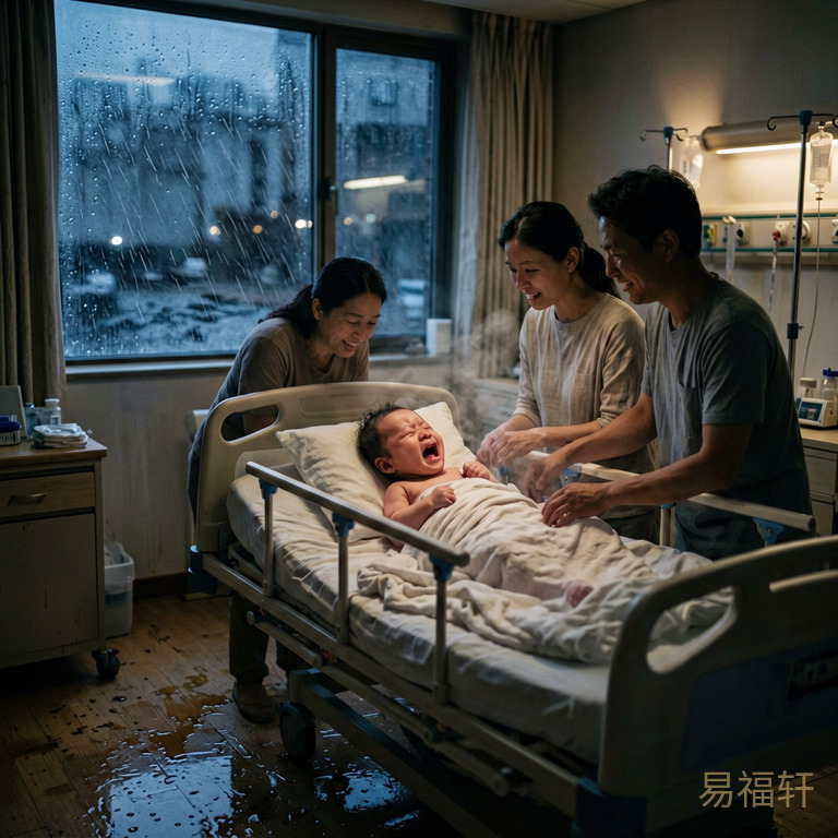 深夜产房里一片混乱，窗外寒风呼啸雨水拍窗，一个婴儿啼哭不止，室内灯光昏暗摇曳，水渍漫过地板