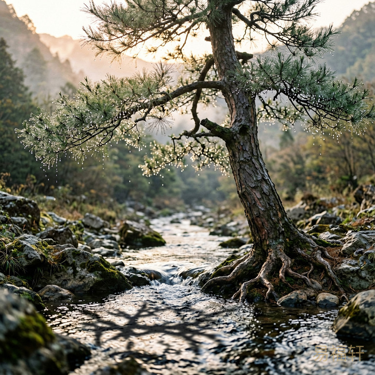 黎明前的山涧,一条溪流(亥水)绕过一株古松(寅木)的根部,松枝上凝结的露珠在晨光中闪闪发光,溪水滋润树根而不冲刷,树冠投下的影子恰好罩住溪流的源头,寓意寅亥合木、丁壬合化印、水生木而不克火