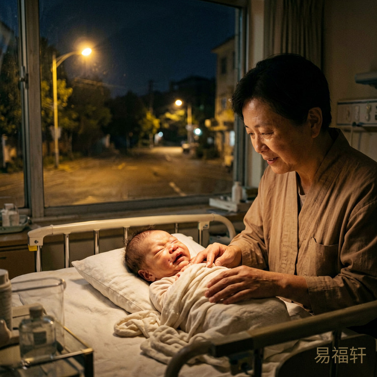 晚上八点的产房窗外,天色完全暗了,路灯昏黄地照着空荡荡的街道。房间里新生的宝宝有点闹,像被什么不舒服的东西硌着,怎么摇都安分不下来