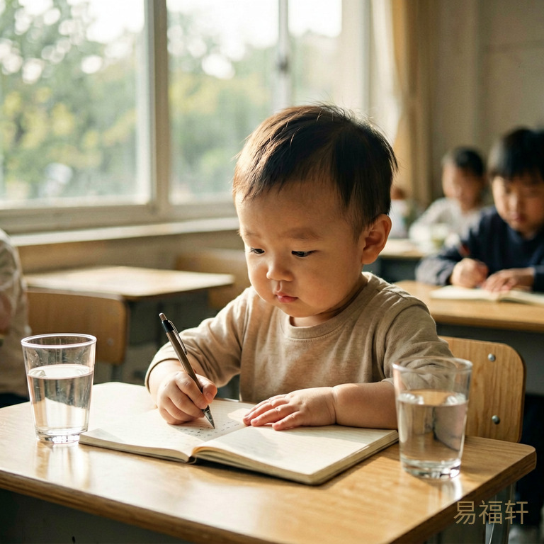 申时出生的男宝宝，坐在考场里奋笔疾书，窗外阳光明媚，桌上一杯温水，表情专注自信，周围散发着沉稳的气场