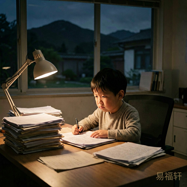 午时出生的男宝宝，独自坐在空荡的办公室里加班到深夜，桌上的文件堆得很高，表情疲惫焦虑，窗外漆黑一片，只亮着一盏孤零零的台灯