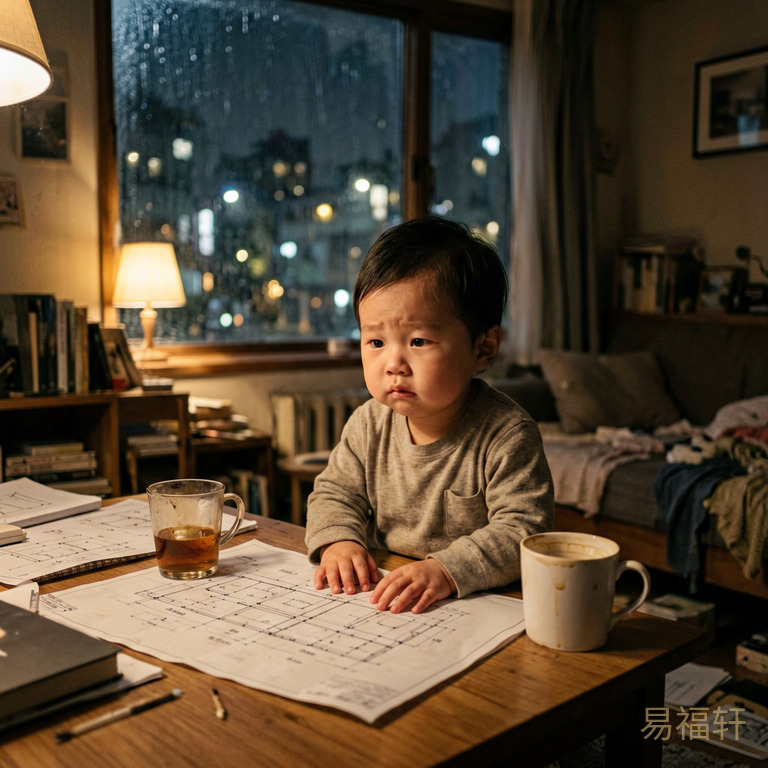 丑时凌晨出生的男宝宝,长大后深夜独坐在乱糟糟的小公寓里,桌上散落着未完成的图纸和冷掉的咖啡杯,眼神疲惫中透着不甘,窗外是雨夜的城市灯光