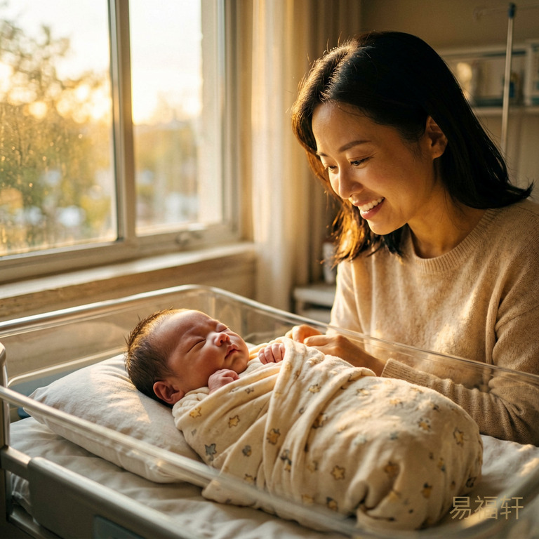 清晨阳光洒进产房窗户,新生婴儿安静躺在襁褓中,窗外金色阳光柔和温暖,母亲温柔注视
