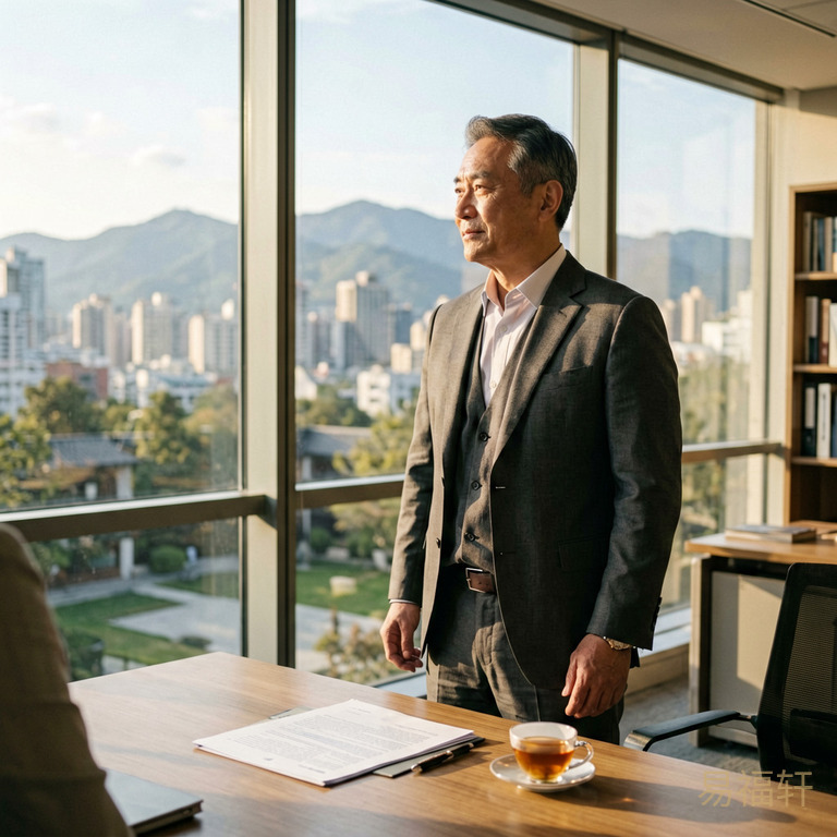 阳光充足的办公室内,一位自信从容的中年男士站在落地窗前眺望城市天际线,桌上放着文件和一杯茶,气场沉稳