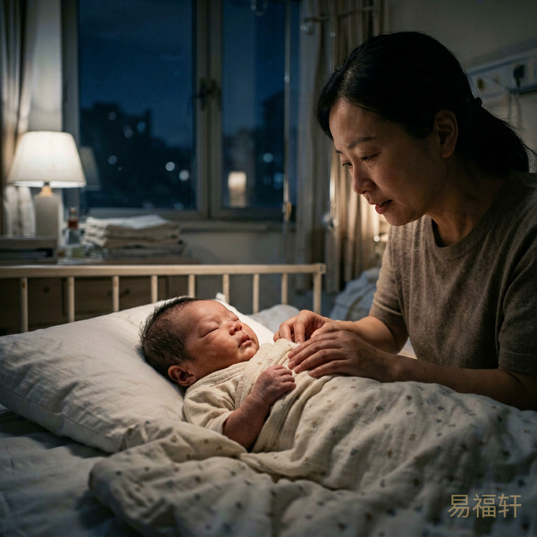 一个新生女婴在深夜的产房里,窗外是子时的暗夜,只有微弱的灯光,氛围压抑清冷