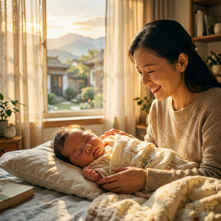 清晨阳光透过产房窗帘照在新生婴儿脸上,宝宝安详地睡着,母亲微笑看着他,房间里充满金色暖光