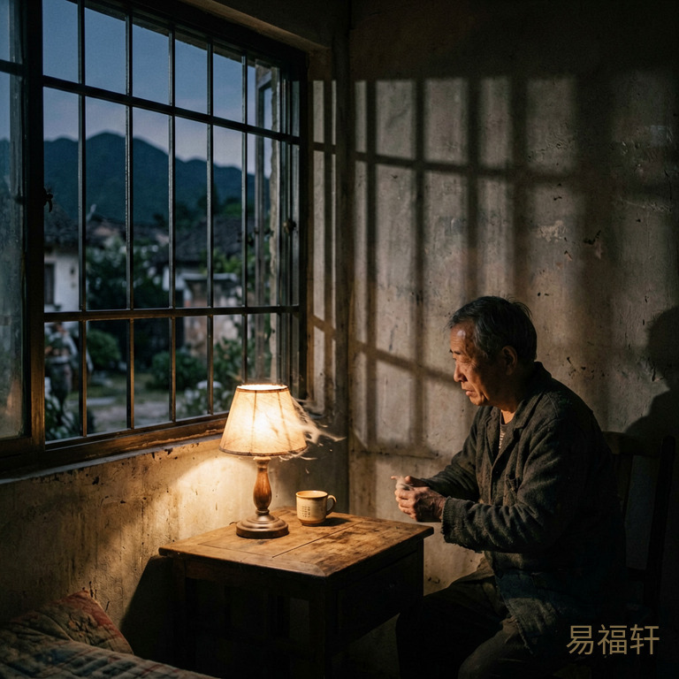 深夜昏暗的房间角落,一盏小灯被风吹得忽明忽暗,窗外金属栅栏的影子投射在墙上,给人压抑孤独的感觉
