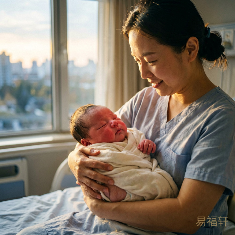 黎明时分产房窗外透进第一缕晨光,新生婴儿被护士抱在怀里,阳光照在宝宝红润的小脸上,画面温暖祥和