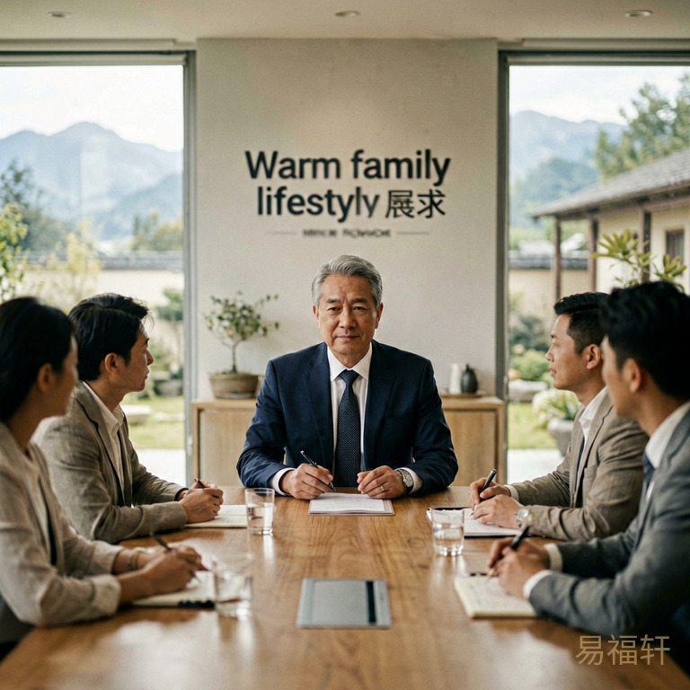 宽敞明亮的会议室里,一位西装笔挺的中年男士坐在主位上主持会议,身后墙上是企业愿景标语,他神情自信从容,气场强大