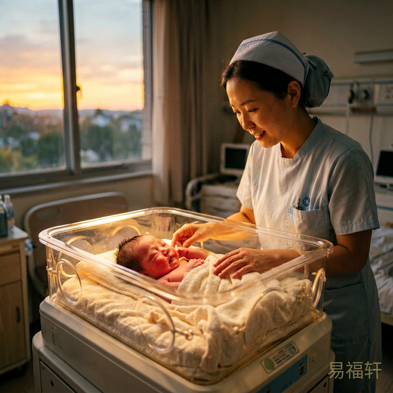 凌晨的产房里,窗外天色微明泛着金光,护士轻轻将新生婴儿放入保温箱,温暖的灯光映在宝宝红润的脸上