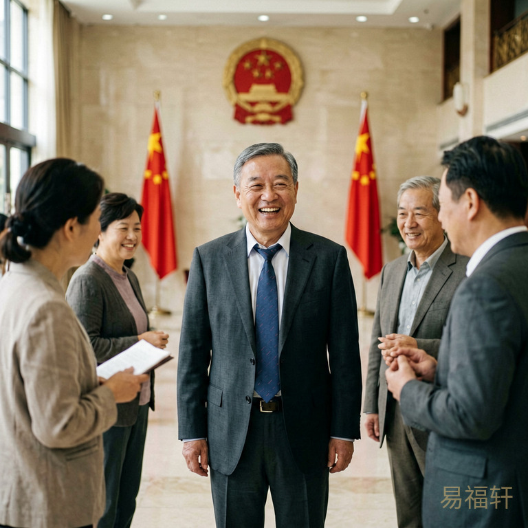 宽敞明亮的政府大楼大厅里,一位中年男士穿着正装谈笑风生,身后是国徽和国旗,他神态自信从容,旁边有人恭敬地向他汇报