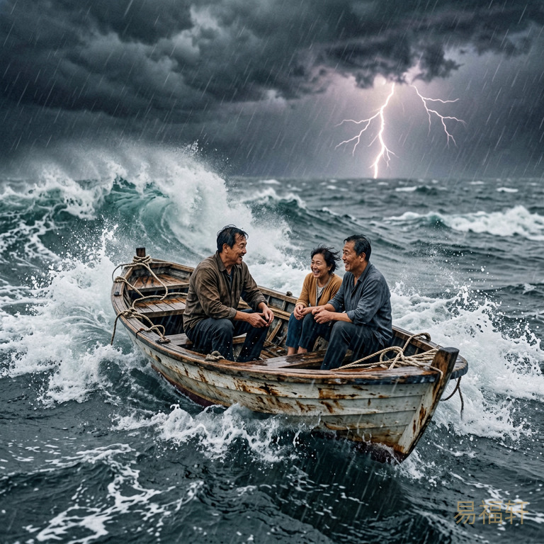 狂风暴雨的海面上,一条小船被巨浪反复拍打,甲板摇摇欲坠,远处闪电划破天际,象征根基被冲动荡不安