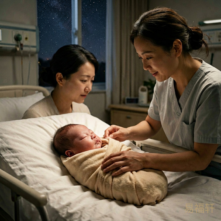 深夜产房里,窗外星光点点,新生男婴被裹在温暖的襁褓中,护士将他放在母亲身边,母子相视温馨安宁