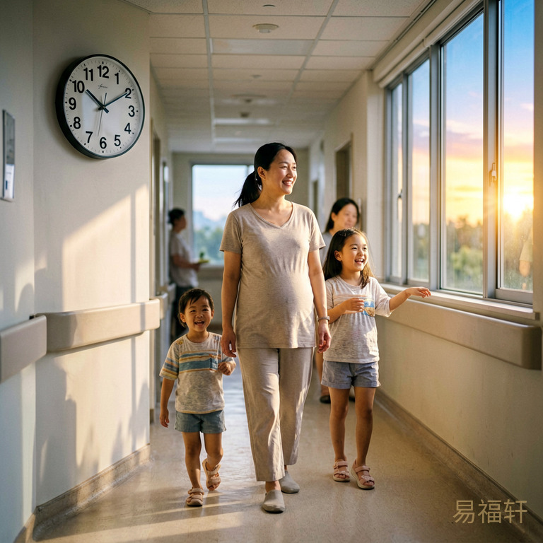 一个待产妈妈在医院走廊来回踱步,墙上时钟指向不同时辰,窗外天色从凌晨鱼肚白渐变到正午阳光