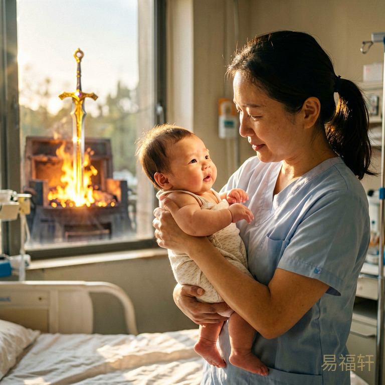 清晨九点的产房阳光洒进来,一个健壮的男婴被护士抱起,窗外远处隐约可见熔金炉火中一把宝剑成型,金光闪闪