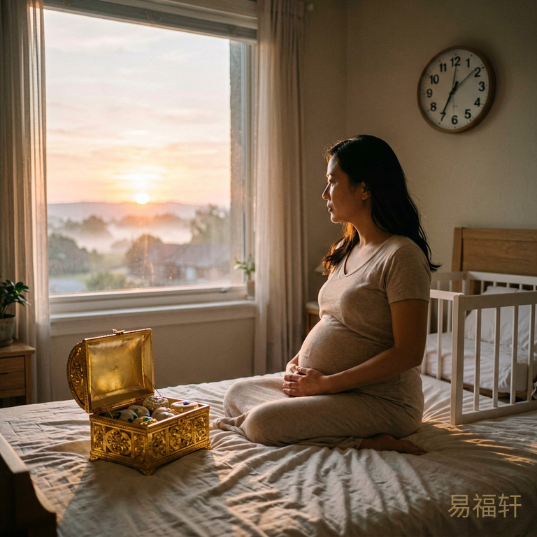 一个待产妈妈在产房床上看窗外日出,墙上时钟指向早上7点,窗外晨光照进来,婴儿床旁放着一个打开的金色宝盒