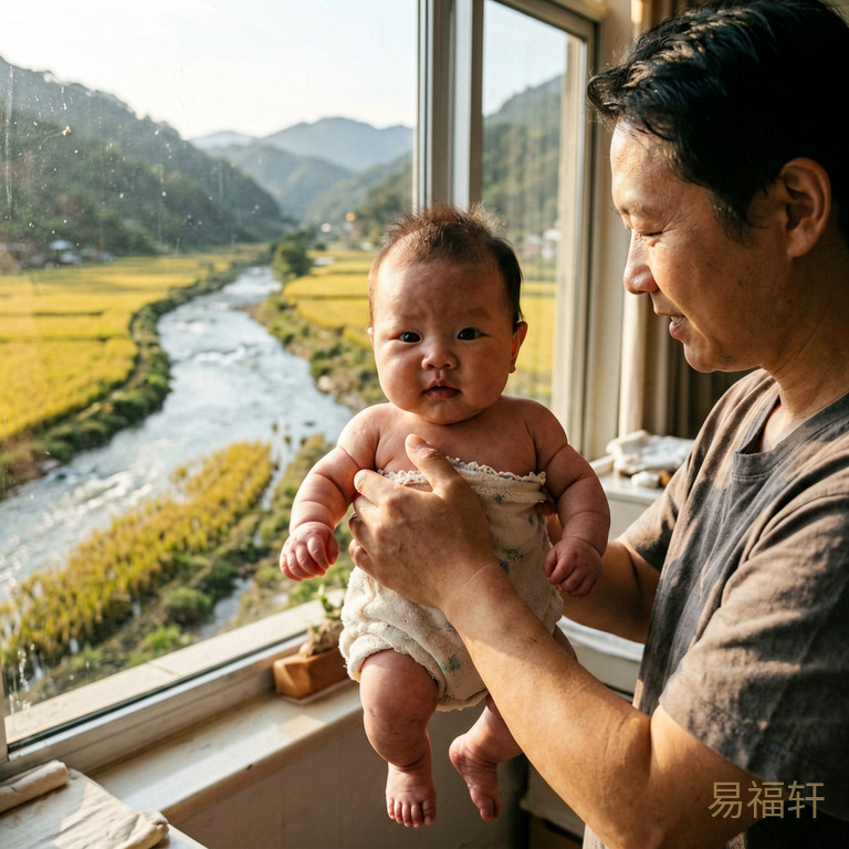 清晨七点阳光洒进产房,一个健壮男婴被抱起,他睁着大眼睛,窗外一条河流从山间奔涌而出汇入金色稻田,水到渠成